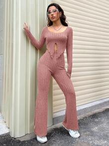 SHEIN Unity Women's Plain Split Hem Ribbed Long Sleeve T-Shirt And Flared Pants Two Pieces Set - Rusty Rose - View 4
