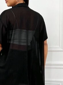 SHEIN EZwear 大尺碼半透明度假風格長襯衫,側面裂縫和前鈕扣包覆設計 - 黑色 - 查看 6