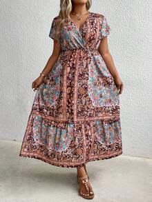SHEIN Holidaya Kích thước lớn In hoa Cổ chữ V Kẹp chặt Eo tay cánh Đầm - Nhiều màu - Xem 3