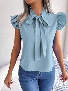 Bluse mit gerüschtem Kragen und Knoten, europäischer und amerikanischer Pendlerstil, Frühling/Sommer - Babyblau - Übersicht 5