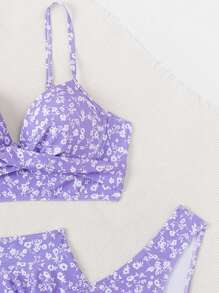 Swim Mod Conjunto de bikini para mujer con estampado de flores pequeñas para verano en la playa, 3 piezas - Púrpura malva - Ver 3
