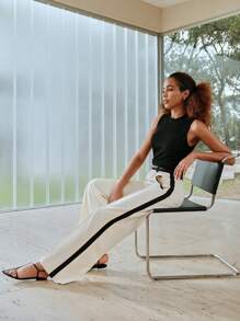 MOTF PREMIUM CONTRAST PIPING SEAM FRONT SUIT PANTS - Apricot - View 2