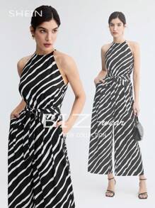 BizChic 女士條紋露背束腰連身褲 - 黑與白 - 查看 1