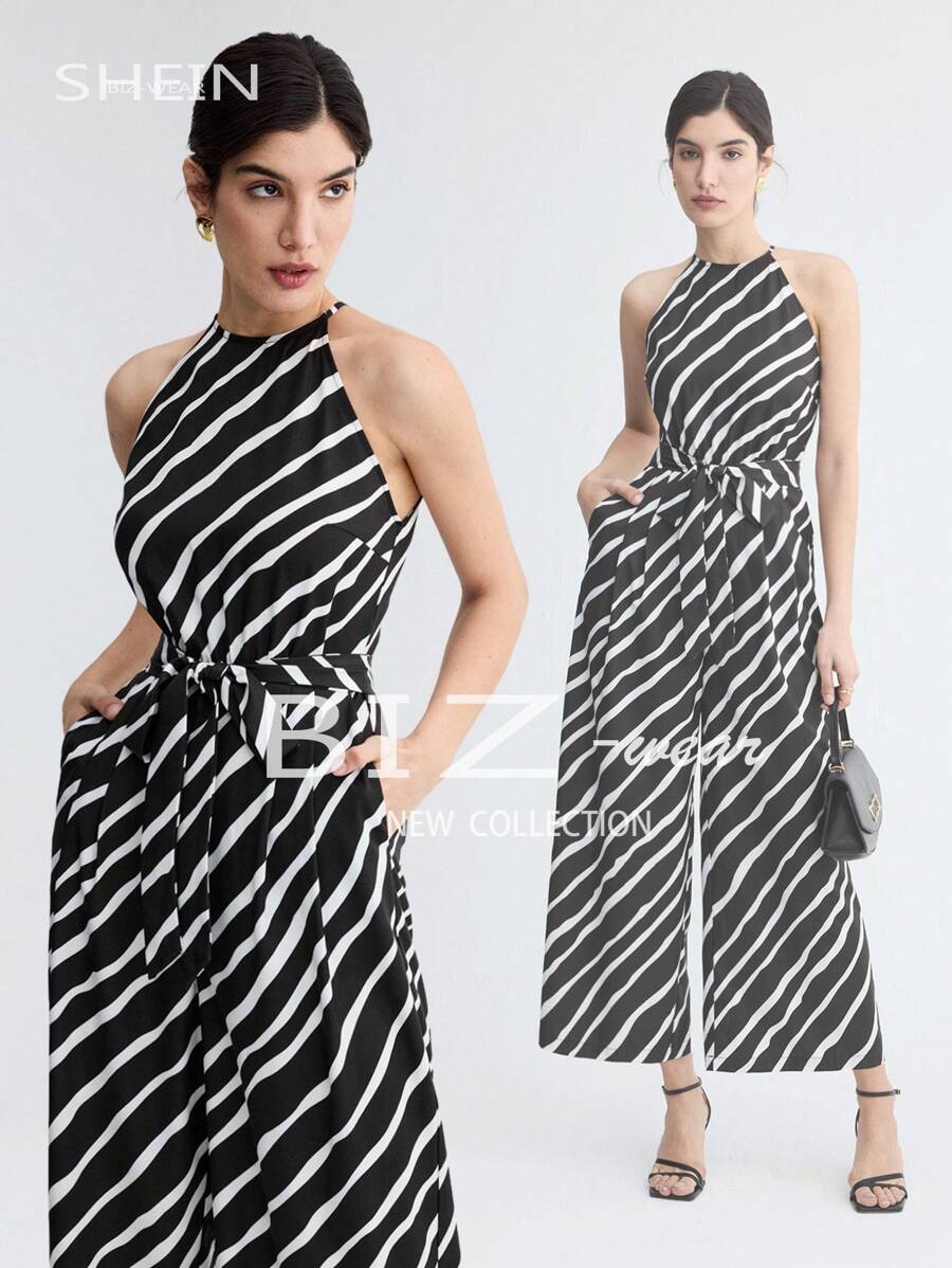 BizChic 女士條紋露背束腰連身褲 - 黑與白 - 查看 1