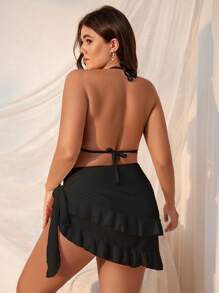 Swim Mod Summer Beach Plus Size Solid Color Frill Trim Halter Neck Bra & Bikini Set Bottom & Cover Up Skirt Bikini Set 3pcs - Black - View 2
