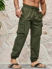 Manfinity Homme Nam Màu thuần Eo dây rút Quần Cargo - xanh quân đội - Xem 4