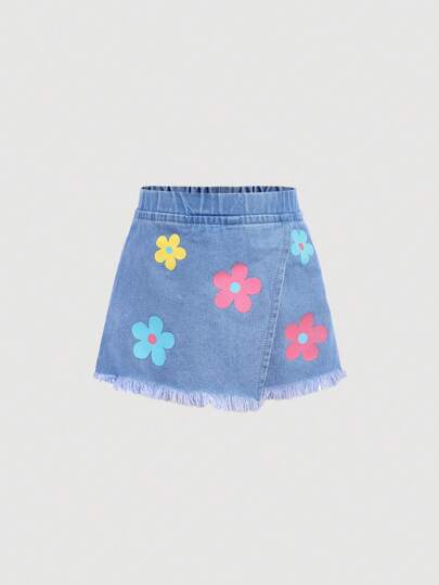 SHEIN Young Girl Washed Denim Skort Soft & Comfortable With Floral Print For Spring/Summer