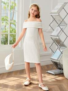 SHEIN Tween Girl Knitted Solid Color Off Shoulder Casual Dress - White - View 5