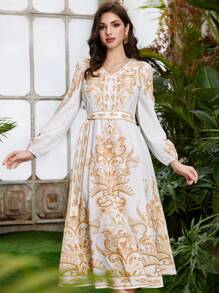 Mulvari 女士波斯利印花燈籠袖連衣裙，V領 - 金色 - 查看 5