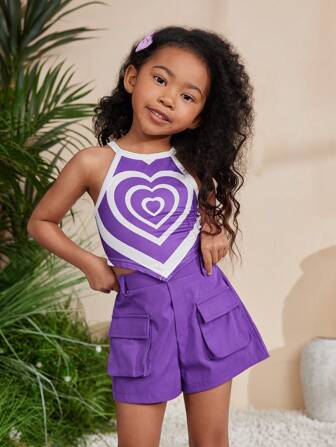 SHEIN Ensemble De Débardeur Tricoté À Motif De Cœur Imprimé Pour Filles Et Short Tissé Uni, Festival De Musique Pour Le Printemps/été