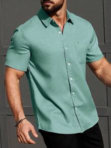 Camisa de manga corta casual de color liso con bolsillo para hombres