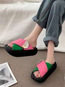 Women's Graffiti Colorblock Slides, Summer Outdoor Beach Slipper, Thick-Soled Platform Sandals, Wedge Heel Sandals - Hot Pink - View 3