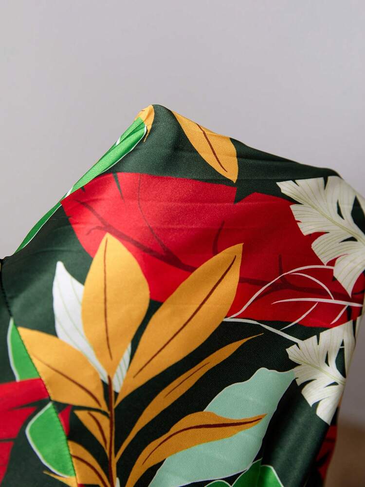 Plus Size One Shoulder Asymmetric Hem Vacation Style Dress With Hollow Out Waist And Leaf Print