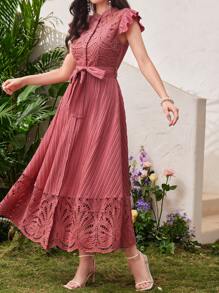 Modelyn 女士立领系带衬衫裙超长女士装长款晚礼服 - 藕粉色 - 查看 6