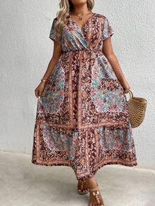 SHEIN Holidaya Kích thước lớn In hoa Cổ chữ V Kẹp chặt Eo tay cánh Đầm - Nhiều màu - Xem 5