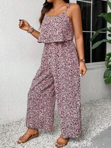 SHEIN Frenchy Taglia forte Tuta ampia a zampa di elefante con stampa boho, coulisse in vita e spalline, per l'estate - Multicolore - Visualizzare 4