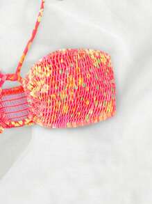 SHEIN Swim 夏季沙灘花印緊身背心比基尼上衣，隨機印花 - 紅色 - 查看 4