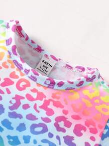 Baby Girl Leopard Print & Gradient Color Top With Distressed Denim Shorts 2pcs/Set, Spring/Summer - Multicolor - View 4