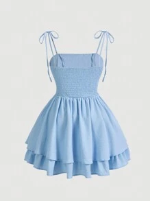 SHEIN MOD Váy hai dây xếp ly màu trơn cỡ lớn cho nữ - Màu xanh lam - Xem 2