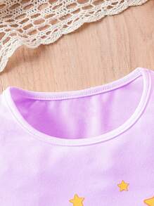 Baby Girl Moon And Stars Print Long Robe, With Mesh Spliced Short Sleeve T-Shirt - Mauve Purple - View 3