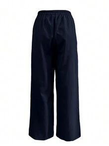 Jisfaneya Plus Size Solid Color Button-Up Cuffed Split Hem Semi-Elastic Waist Pleated Fabric Dark Blue Wide-Leg Pants Elegant Commuter Style For Daily Office Wear Versatile Spring/Summer Wide-Leg Pants Casual - Navy Blue - View 2