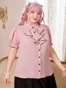 ROMWE Kawaii Plus Size Ruffled Bubble Sleeve Shirt - Pink - View 4