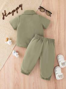 Baby Boy Fashionable Printed Plain Short Sleeve Shirt And Pants Set