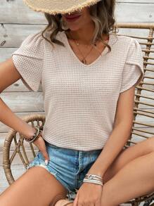 SHEIN Frenchy Cổ chữ V Checkered Tay áo cánh hoa Áo thun Với Trở lại Chi tiết ren - Màu be - Xem 2