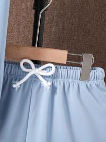 SHEIN Tween Boy Letter Patchwork Hooded Top And Shorts Set, School, Campus, College - Baby Blue - View 3