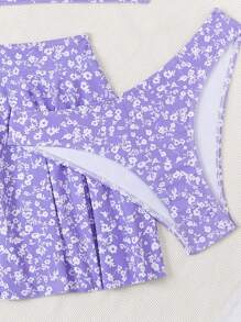 Swim Mod Conjunto de bikini para mujer con estampado de flores pequeñas para verano en la playa, 3 piezas - Púrpura malva - Ver 4