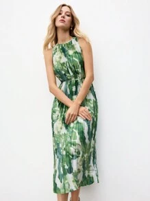 BizChic Vestido de mujer con estampado de teñido anudado verde y blanco, corte halter, plisado, con cinturón, para verano