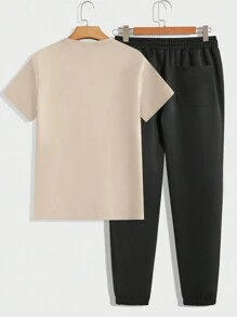 GENTILAND Men's Letter Logo Short Sleeve Knitted T-Shirt And Long Pants Set - Khaki - View 2