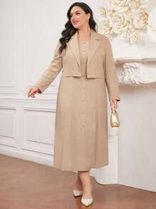 Modelyn 大尺碼女士純色翻領長袖西裝外套和連衣裙套裝 - 卡其色 - 查看 6