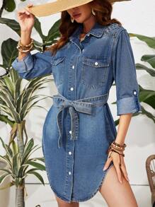 Breezaya Vestido De Mezclilla Para Mujer Con Adornos De Tachuelas, Mangas Acampanadas Y Dobladillo Curvado - Azul - Ver 3