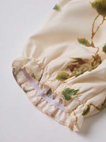 SHEIN Unity Floral Print Frill Trim Decor Band Collar Shirt With Puff Sleeves - Apricot - View 5