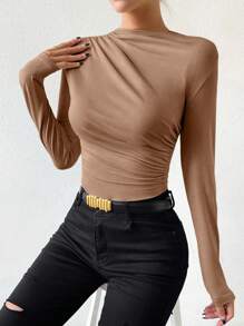 Chiquease Women's Simple Fold Design Long Sleeve Bodysuit Fall Cloth For Women - Brown - View 7