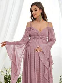 Faeriesty Dressalisa 孕妇瑞士圆点荷叶边袖褶饰雪纺舞会礼服 - 藕粉色 - 查看 5