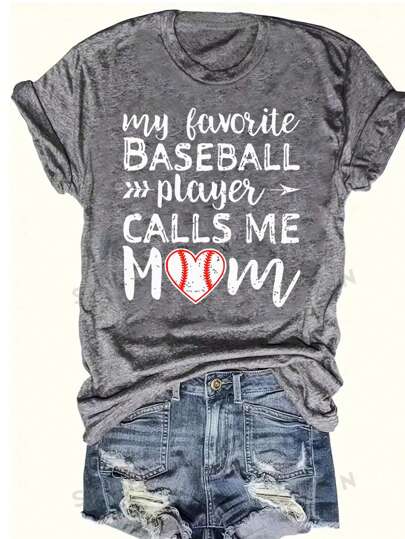 SHEIN LUNE 女式棒球口号印花短袖 T 恤我最喜欢的棒球运动员叫我妈妈