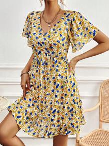 SHEIN Frenchy Đầm nữ cổ chữ V tay ngắn xếp ly in hoa, đầm màu pastel, đầm chiffon vàng hoa tươi tắn thanh lịch, đầm vàng, đầm màu sáng, đầm mùa hè, đầm dự tiệc trà, đầm màu trơn tươi tắn cho kỳ nghỉ, đầm ôm thanh lịch họa tiết hoa đi biển - Nhiều màu - Xem 6