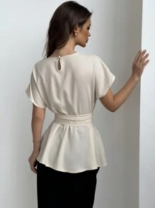 Aloruh Round Collar & Waist Belted & X Shaped & Simple & Commuting Women's Shirt - Apricot - View 2