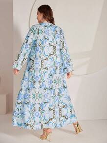 Al Najma Kích thước lớn Hoa In Cổ chữ V Lỏng lẻo Đầm - Màu xanh lam - Xem 2