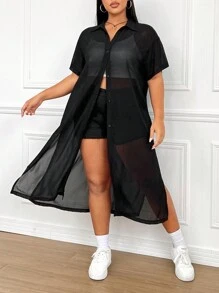 SHEIN EZwear 大尺碼半透明度假風格長襯衫,側面裂縫和前鈕扣包覆設計 - 黑色 - 查看 5
