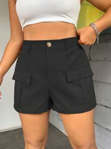 Flirla Pantalones Cortos De Talla Grande De Color Sólido Con Bolsillo Con Solapa - Negro - Ver 3