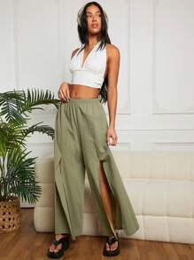 SHEIN EZwear 夏季休閒側邊分割萬用基本款女長褲