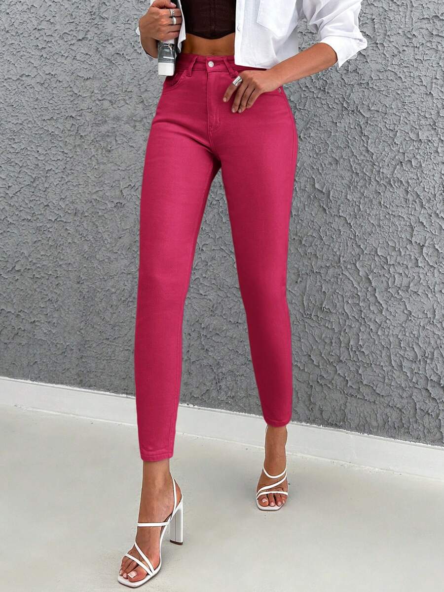 RueChic Chất rắn Quần skinny Quần jean ôm - Hồng - Xem 1