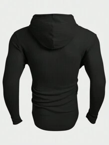 EGENSIO 男士宽松华夫格针织连帽抽绳T恤，秋季长袖上衣 - 黑色 - 查看 2