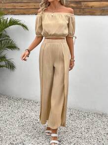 SHEIN LUNE Solid Knit Off Shoulder Top And High Slit Wide Leg Pants Set - Khaki - View 3