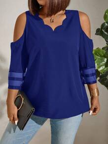 Blusa con hombros descubiertos y cuello en V con dobladillo curvo para mujer de talla grande - azul real - Ver 4