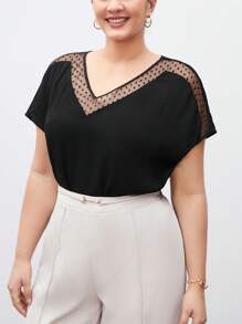 SHEIN BIZwear 大尺寸v領短袖網布料拼接t卹 - 黑色 - 查看 1