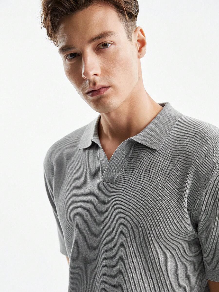 Calvornis Nam màu trơn Màu sắc Cổ chữ V Ngắn tay Dệt kim Áo - Màu Xám nhạt - Xem 1